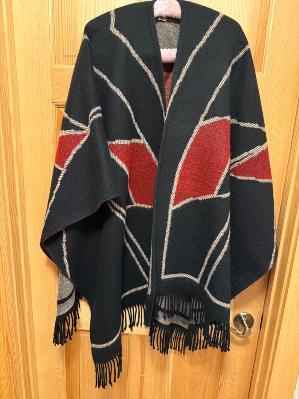 Black and Red Geometric Fringe Poncho